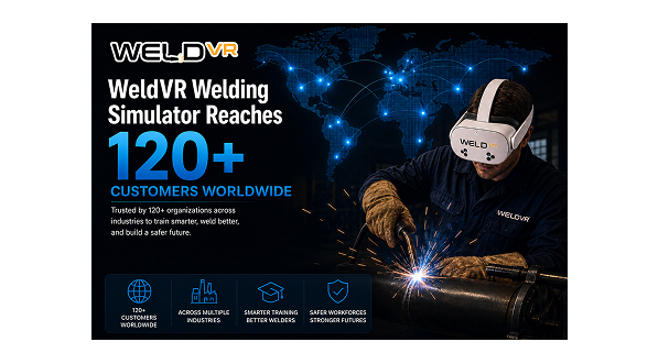 WeldVR promotional banner featuring a VR welder, welding sparks, and a world map highlighting 120+ customers worldwide.