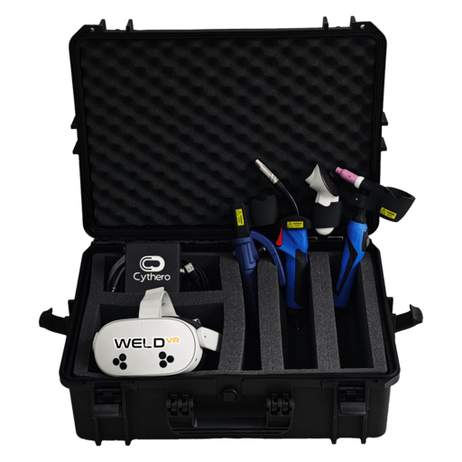 WeldVR all-in-one professional VR welding simulator kit including Meta Quest headset, custom welding torch, and protective hard case for portable training.