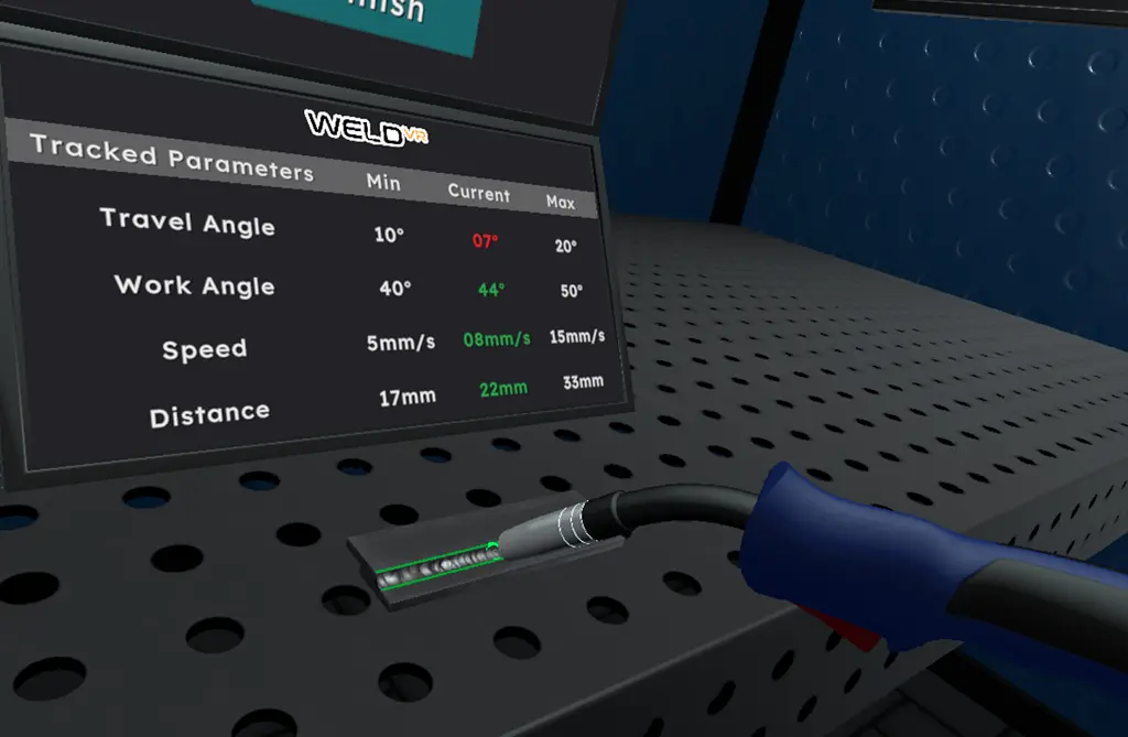 WeldVR real-time welding feedback showing travel angle, work angle, speed and distance