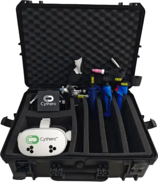 WeldVR all-in-one professional VR welding simulator bundle kit including Meta Quest headset, custom welding torch, and protective hard case for portable training.