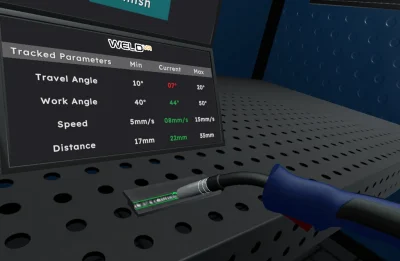 WeldVR training interface demonstrating beginner assistance and guided welding learning modules.