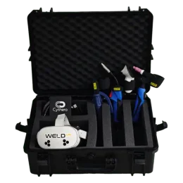 Welding simulator WeldVR all-in-one kit including Meta Quest headset, custom welding torch, and protective hard case for portable training.
