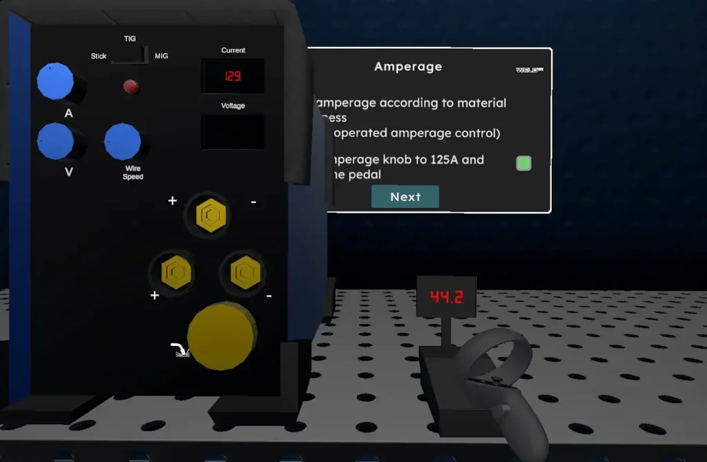 WeldVR tracking interface showing real‑time feedback of welding parameters in the VR training environment.